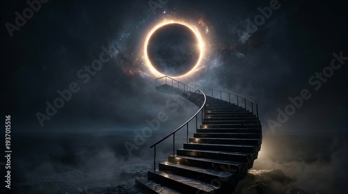A Mystical Stairway Leads to a Glowing Ring in the Ethereal Sky