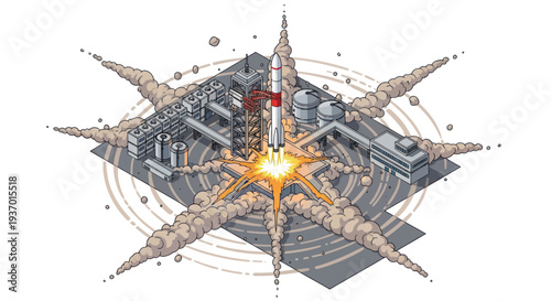 Rocket Launch from Industrial Complex, Space Exploration, Pixel Art Style
