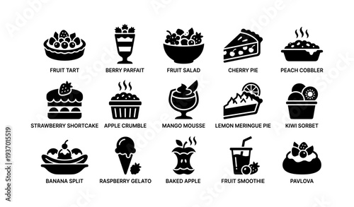 Assorted dessert icons: tart, parfait, pie, sorbet, gelato, and more