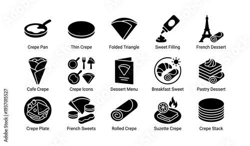 Crepe icons menu: sweet filling, french dessert, thin crepe, breakfast sweets