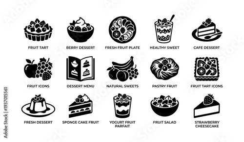 Assorted fruit dessert icons: tart, cheesecake, parfait, salad, healthy sweets