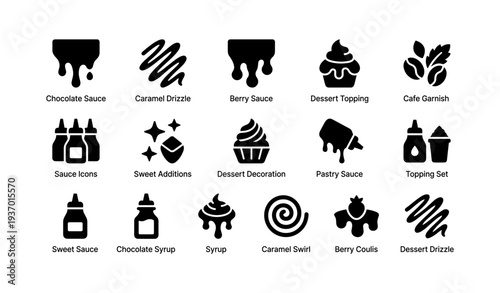 Dessert topping icons: chocolate, caramel, berry sauces and sweet decorations