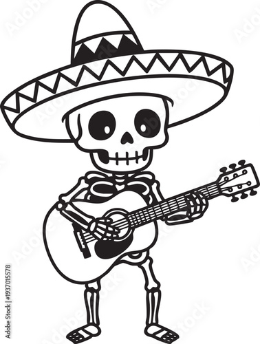 Day of the Dead skeleton playing guitar with sombrero, Mexican mariachi skull cartoon