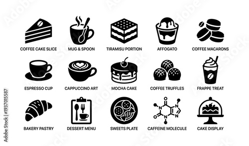 Coffee and dessert icons: slice, mug, tiramisu, affogato, macarons, cup, pastry, menu, molecule