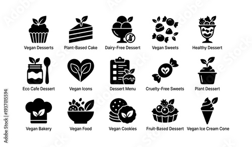 Vegan desserts icons collection featuring plant-based cakes and eco-friendly sweets