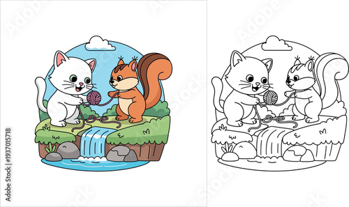 Cute cartoon white cat and squirrel playing with pink yarn ball near waterfall, happy animal friends