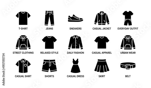 Casual wardrobe essentials: t-shirts, jeans, sneakers, jackets, dresses, skirts, belts