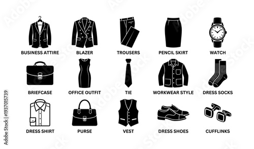Business attire collection: suits, skirts, accessories, and footwear essentials
