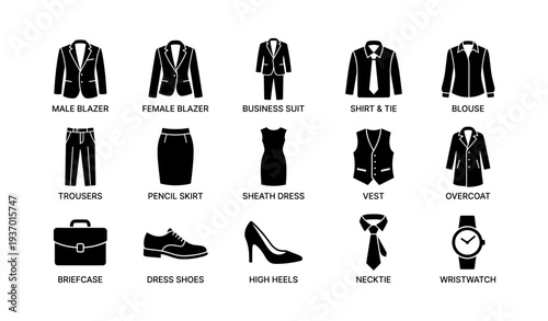 Collection of business attire icons: suits, dresses, shoes, accessories