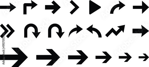 Minimal black arrow icon set with straight, curved and bold navigation pointers for user interface design, web direction indicators, infographic elements and modern vector symbols