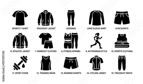 Athletic apparel icons set featuring shirts jackets shorts and fitness gear