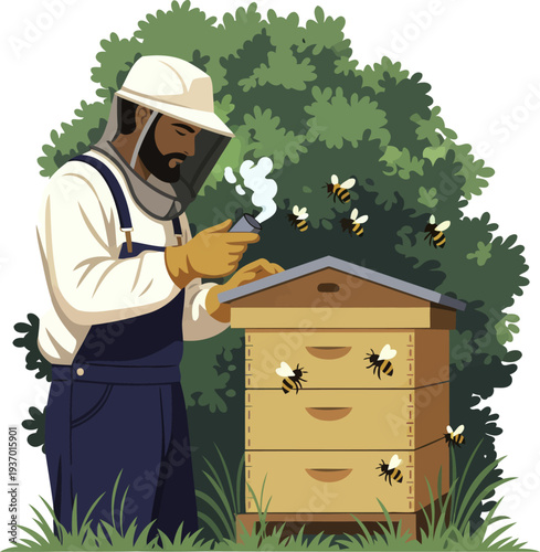 Beekeeper in protective suit using a smoker on a beehive