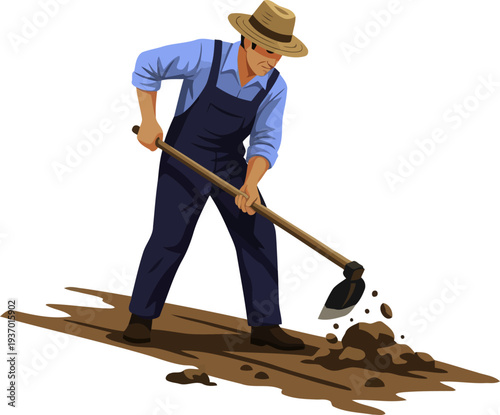 Agricultural worker using a hoe to till the dry soil