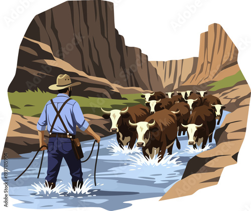 Cattleman herding a group of cows through a shallow river in a rocky canyon