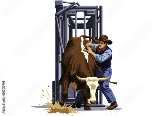Cowboy using a rope to secure a cow inside a metal livestock handling system