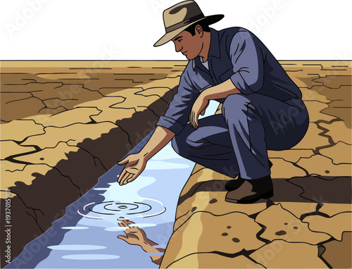 Concerned farmer inspecting water flow in an irrigation canal during a dry season