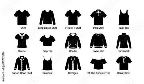 Various types of shirts and tops illustrated with icons