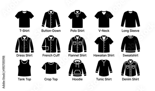 Variety of shirt styles: t-shirt, polo, v-neck, long sleeve, hoodie, and more
