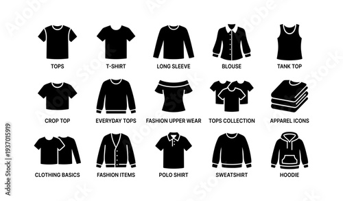 Apparel icons set: t-shirt, blouse, hoodie, sweatshirt, polo shirt, fashion clothing basics