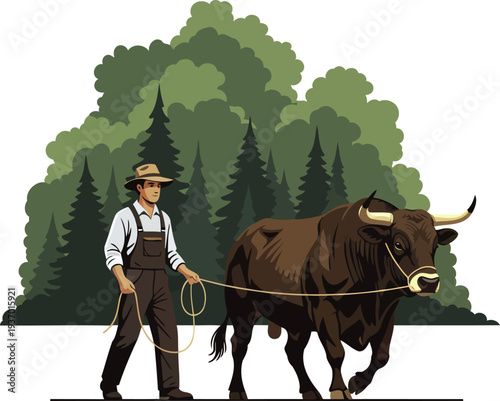 Farmer leading a large brown ox through a forest clearing