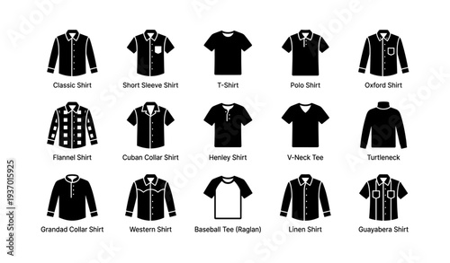 Variety of men's shirt styles: classic, polo, t-shirt, turtleneck, flannel