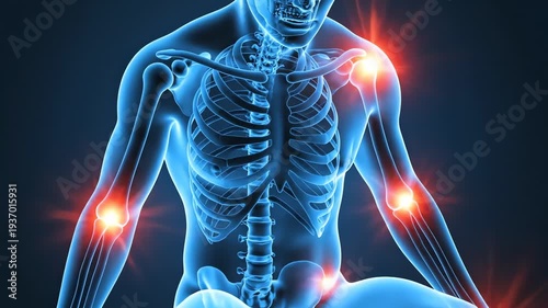 Digital Illustration of Human Skeleton Highlighting Joint Pain in Knees Elbows and Shoulders with Glowing Effects