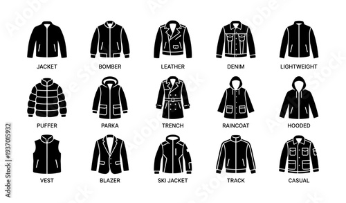 Collection of various jacket styles including bomber, denim, and puffer