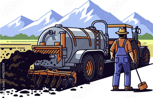 Farmer using a manure spreader machine in a mountain field