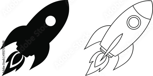 Space Rocket Launch Vector Icon Set in Solid and Line Art Style