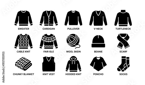 Winter clothing icons: sweater, cardigan, pullover, knitwear, accessories