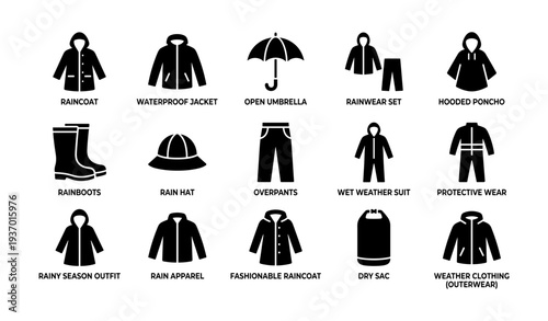 Rain gear icons: umbrella, raincoat, boots, weather suit, poncho, hat