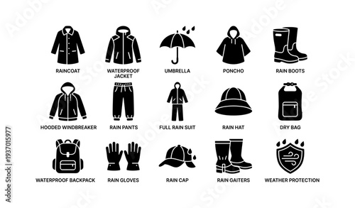 Essential rain gear icons featuring clothing and accessories for weather protection