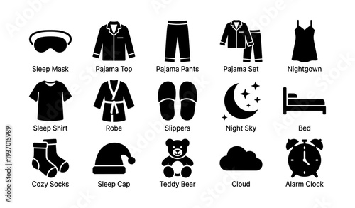 Sleepwear essentials and bedtime icons featuring pajamas and nighttime accessories