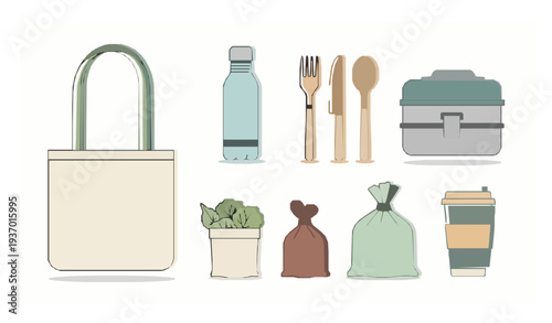 Sustainable Reusable Products for Zero Waste Lifestyle Vector Set