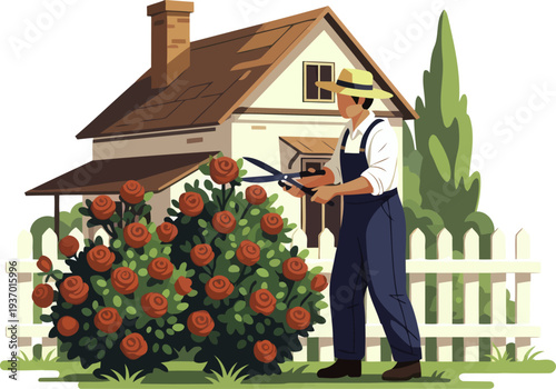 Gardener pruning a large red rose bush in front of a house