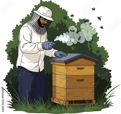 Professional beekeeper checking a wooden beehive in a lush garden