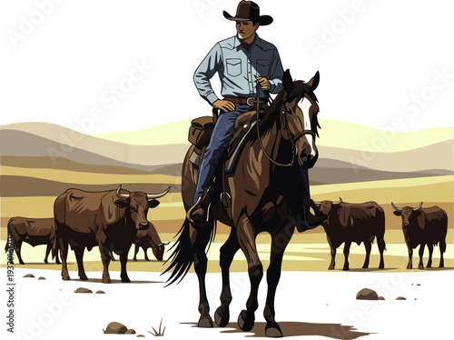 Rancher riding a brown horse while herding cattle across plains