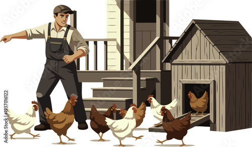 Poultry farmer tending to brown and white chickens outside a coop