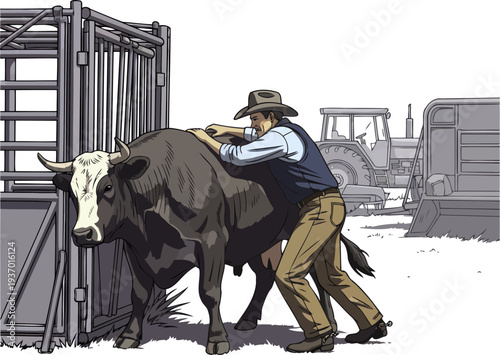 Ranch hand guiding a large bull into a metal squeeze chute for inspection