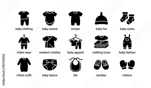 Baby clothing icons set featuring onesies, rompers, and accessories in simple black and white design