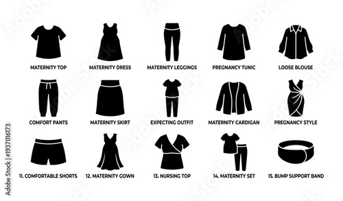 Maternity clothing icons: tops, dresses, leggings, skirts, cardigan