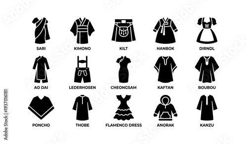 Traditional clothing icons: sari, kimono, kilt, hanbok, dirndl