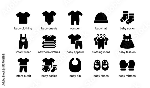 Black icon set of baby clothing and accessories: onesie, romper, hat, socks, mittens