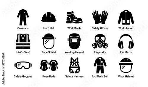 Safety gear icons: hard hat, work boots, gloves, hi-vis vest, respirator