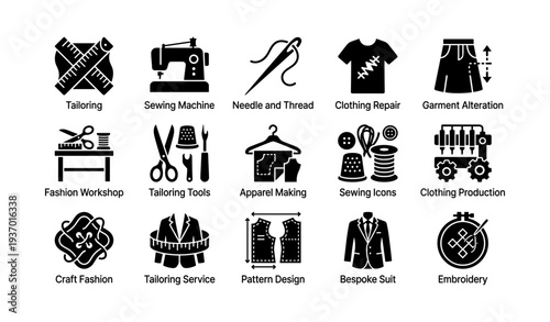 Sewing and tailoring tools and icons for garment alteration and clothing repair