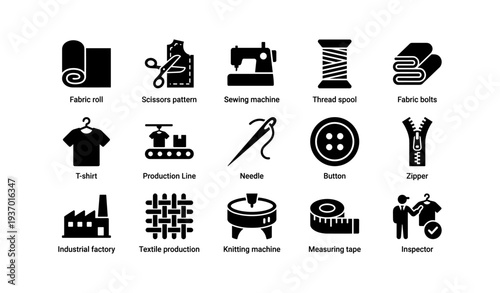 Icons of sewing and textile industry: tools, machines, apparel and production