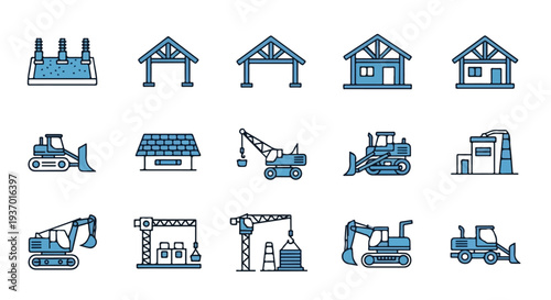 A collection of 15 blue-toned line icons representing industrial structures and construction vehicles like bulldozers, excavators, cranes, and buildings.