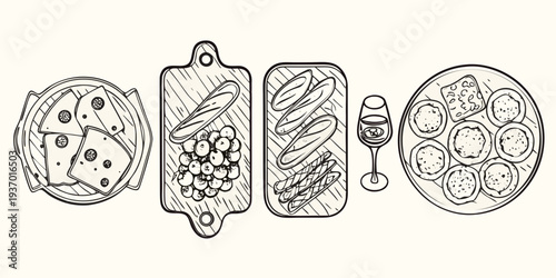 Line art illustration showcasing various cheese meat and fruit platters