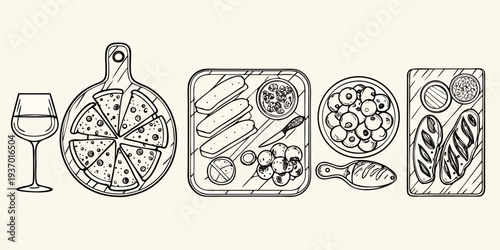 Line art illustration of various food items and a wine glass
