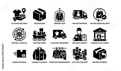 E-commerce and logistics icons set featuring delivery and shipping themes